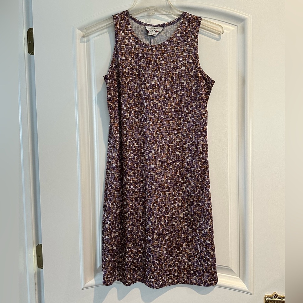 Street Flower Sleeveless Block Patterned Dress in Purple Brown and White Vintage